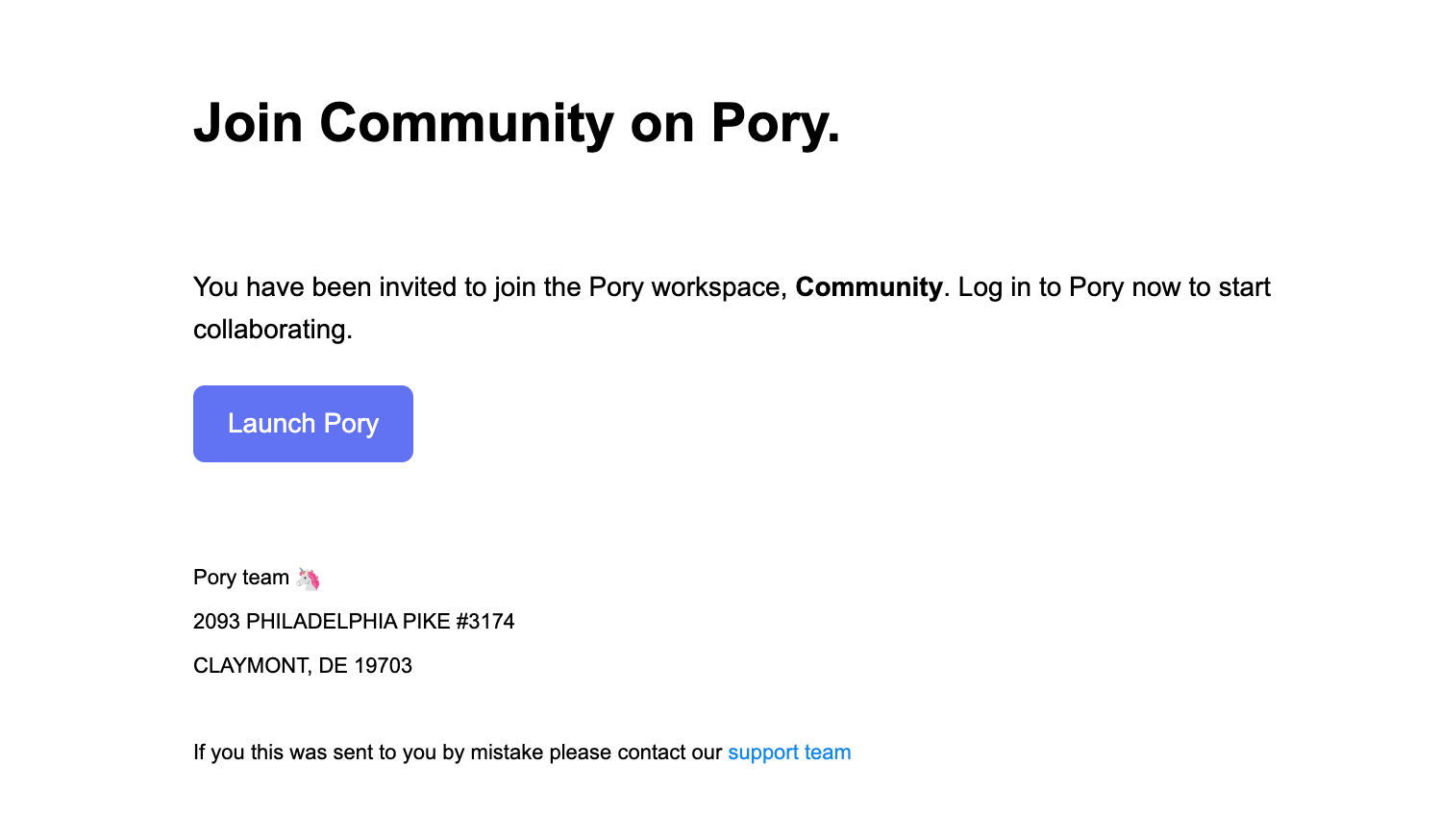 Email invitation to join a Pory workspace