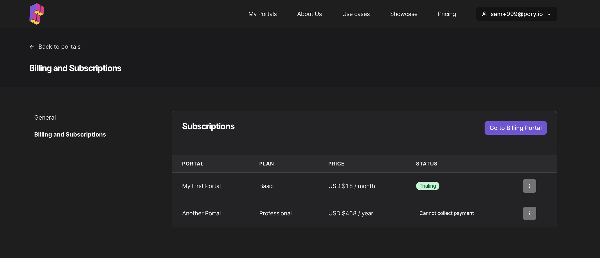Billing and Subscription page