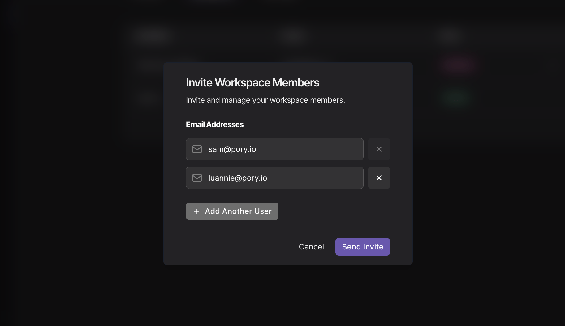 The Invite Workspace Members modal in Pory