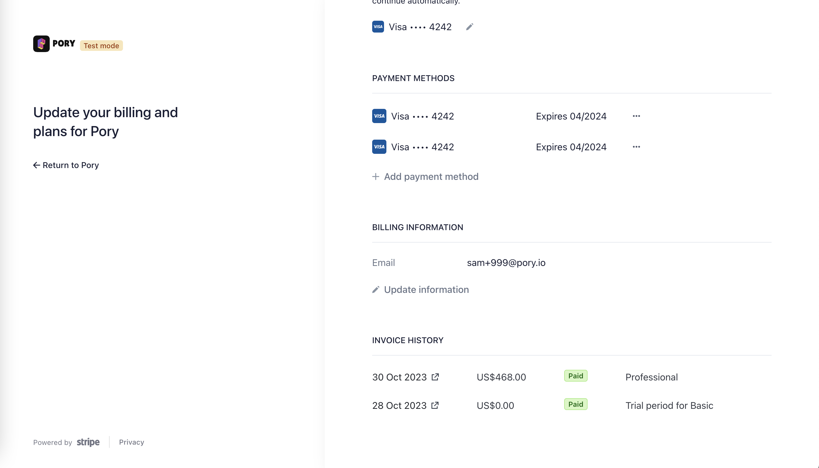 Invoice history section on Stripe dashboard