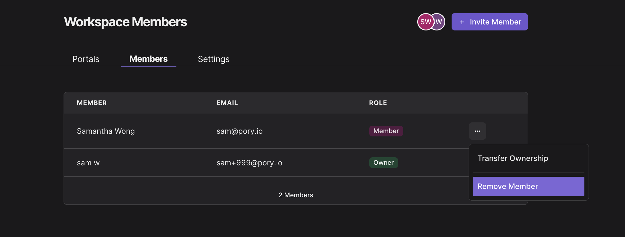 The Remove workspace member option in Pory
