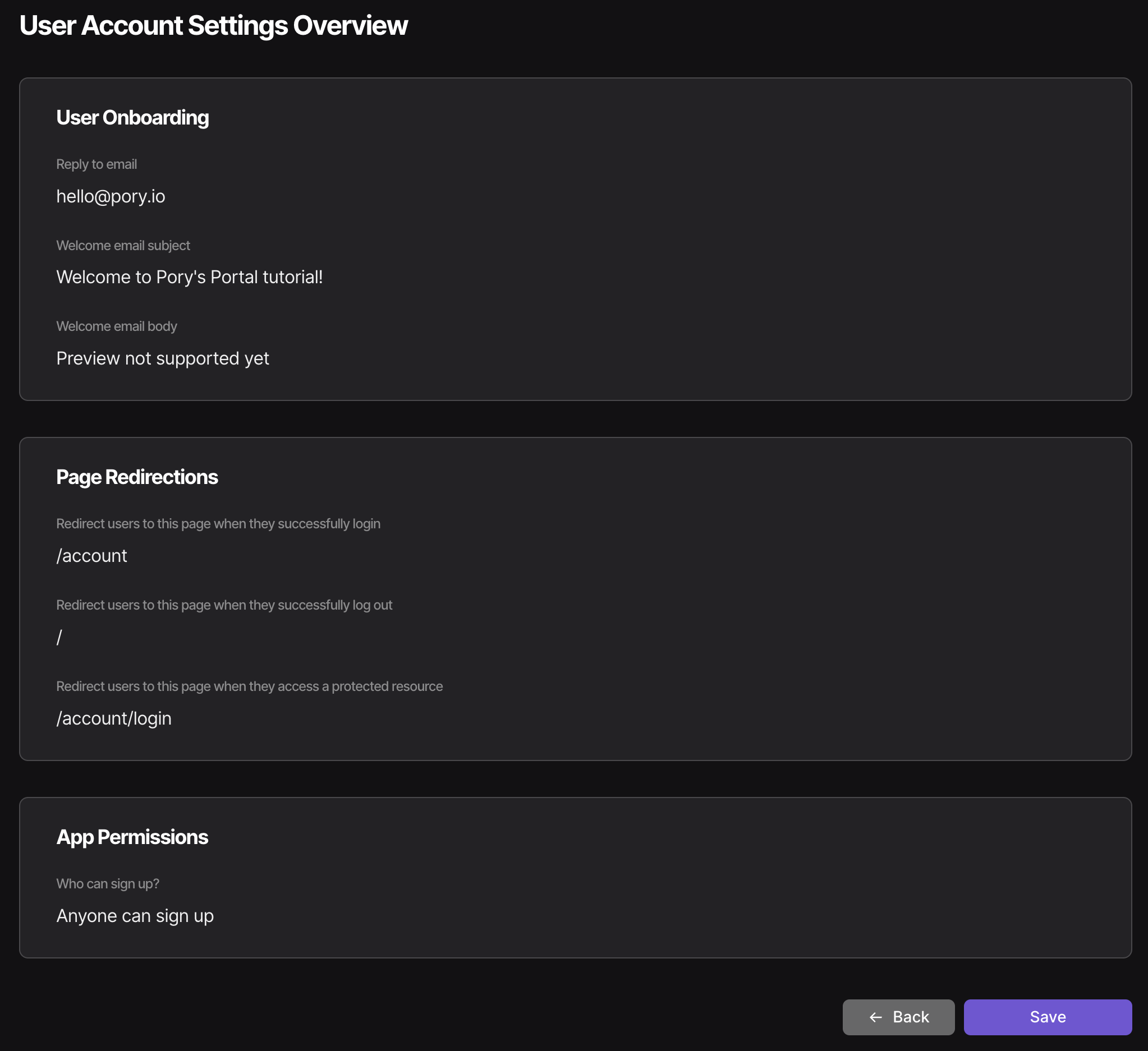 User account settings summary